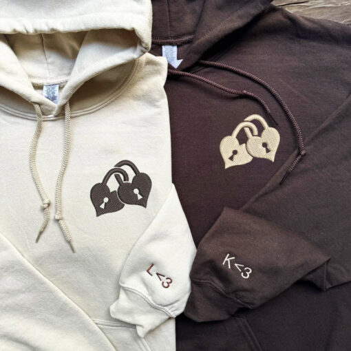 Custom Embroidered Love Padlock Matching Hoodies for Couples, Personalized Couple Sweatshirt, Couple Embroidered Sweatshirt, Valentine's Day Gifts Idea For Him Her - Image 2