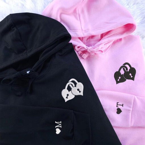 Custom Embroidered Love Padlock Matching Hoodies for Couples, Personalized Couple Sweatshirt, Couple Embroidered Sweatshirt, Valentine's Day Gifts Idea For Him Her - Image 3