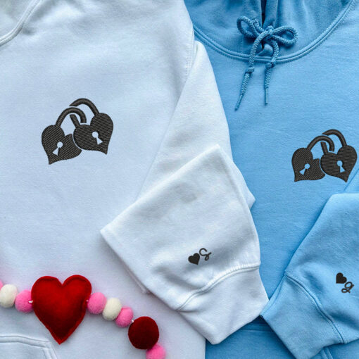 Custom Embroidered Love Padlock Matching Hoodies for Couples, Personalized Couple Sweatshirt, Couple Embroidered Sweatshirt, Valentine's Day Gifts Idea For Him Her - Image 7