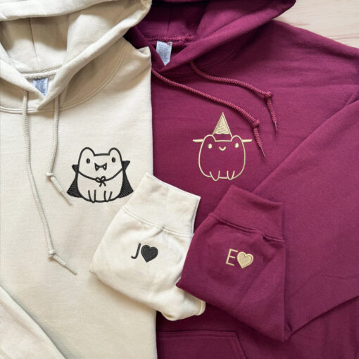 Custom Embroidered Frog Halloween Matching Hoodies for Couples, Personalized Couple Sweatshirt, Couple Embroidered Sweatshirt, Valentine's Day Gifts Idea For Him Her - Image 2