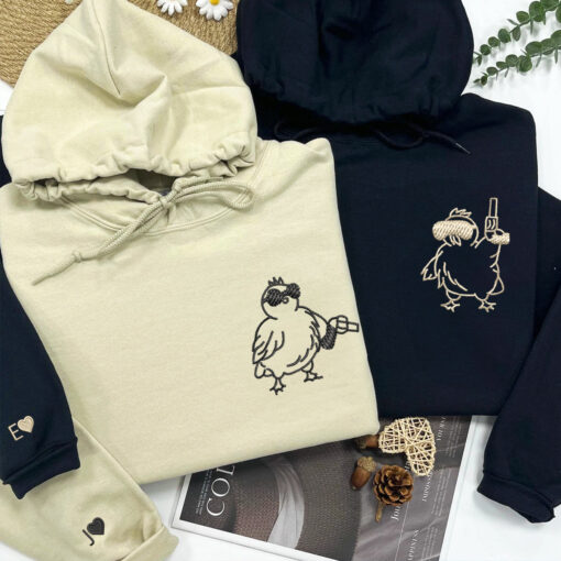 Custom Embroidered Chicken with Gun Matching Hoodies for Couples, Personalized Couple Sweatshirt, Couple Embroidered Sweatshirt, Valentine's Day Gifts Idea For Him Her - Image 4