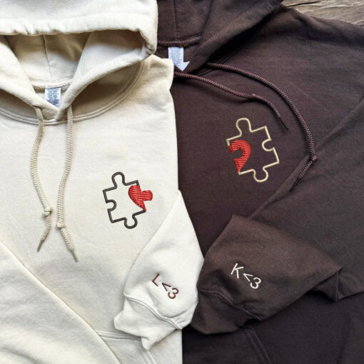 Custom Embroidered Puzzle Heart Matching Hoodies for Couples, Personalized Couple Sweatshirt, Couple Embroidered Sweatshirt, Valentine's Day Gifts Idea For Him Her - Image 3