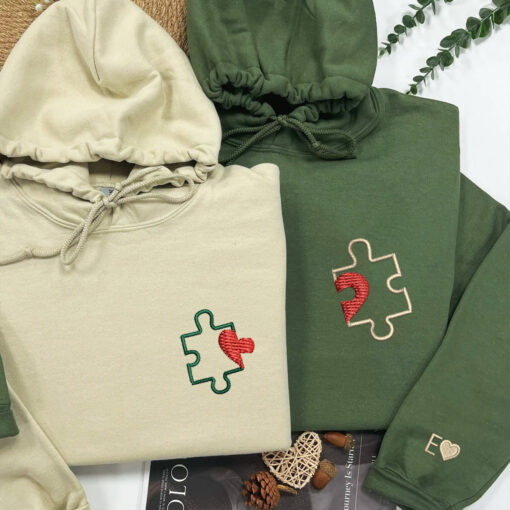 Custom Embroidered Puzzle Heart Matching Hoodies for Couples, Personalized Couple Sweatshirt, Couple Embroidered Sweatshirt, Valentine's Day Gifts Idea For Him Her - Image 5