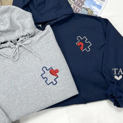 Custom Embroidered Puzzle Heart Matching Hoodies for Couples, Personalized Couple Sweatshirt, Couple Embroidered Sweatshirt, Valentine's Day Gifts Idea For Him Her - Image 6