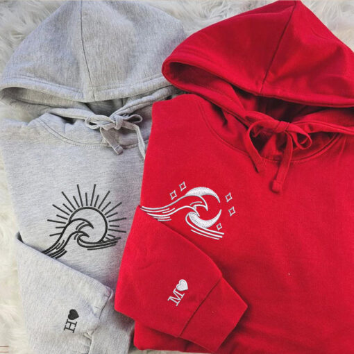 Custom Embroidered Sea Wave Sun And Moon Matching Hoodies for Couples, Personalized Couple Sweatshirt, Couple Embroidered Sweatshirt, Valentine's Day Gifts Idea For Him Her - Image 5