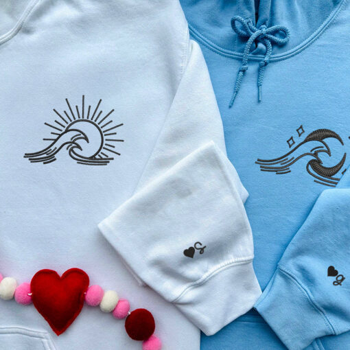 Custom Embroidered Sea Wave Sun And Moon Matching Hoodies for Couples, Personalized Couple Sweatshirt, Couple Embroidered Sweatshirt, Valentine's Day Gifts Idea For Him Her - Image 8