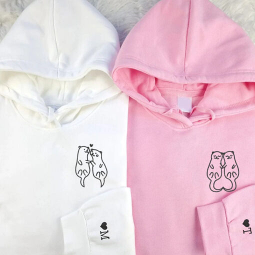 Custom Embroidered Otter Matching Hoodies for Couples, Personalized Couple Sweatshirt, Couple Embroidered Sweatshirt, Valentine's Day Gifts Idea For Him Her - Image 3