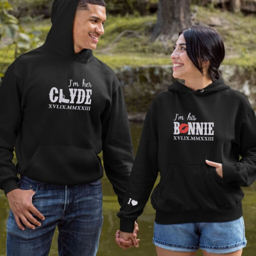 Embroidered His Bonnie Her Clyde Hoodies or Sweatshirts with Roman Numerals, Personalized Couple Sweatshirt, Couple Embroidered Sweatshirt, Valentine's Day Gifts Idea For Him Her - Image 2