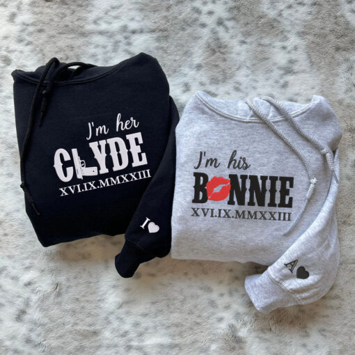 Embroidered His Bonnie Her Clyde Hoodies or Sweatshirts with Roman Numerals, Personalized Couple Sweatshirt, Couple Embroidered Sweatshirt, Valentine's Day Gifts Idea For Him Her
