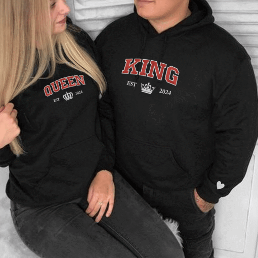Custom Embroidered King and Queen Custom with Est Year Matching Hoodies for Couples, Personalized Couple Sweatshirt, Couple Embroidered Sweatshirt, Valentine's Day Gifts Idea For Him Her - Image 3