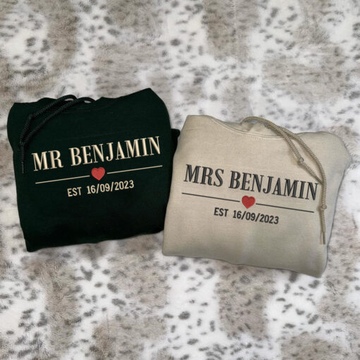 Embroidered Mr & Mrs with Est Year Hoodie or Sweatshirt, Personalized Couple Sweatshirt, Couple Embroidered Sweatshirt, Valentine's Day Gifts Idea For Him Her - Image 3