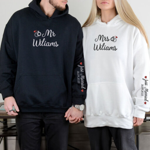 Embroidered Mr & Mrs Hoodies or Sweatshirts with Custom on Sleeve, Personalized Couple Sweatshirt, Couple Embroidered Sweatshirt, Valentine's Day Gifts Idea For Him Her